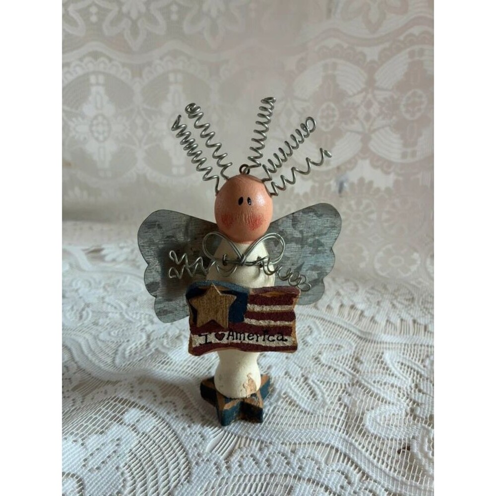 Vintage Patriotic Angel Ornament Wood Metal Rustic Primitive
